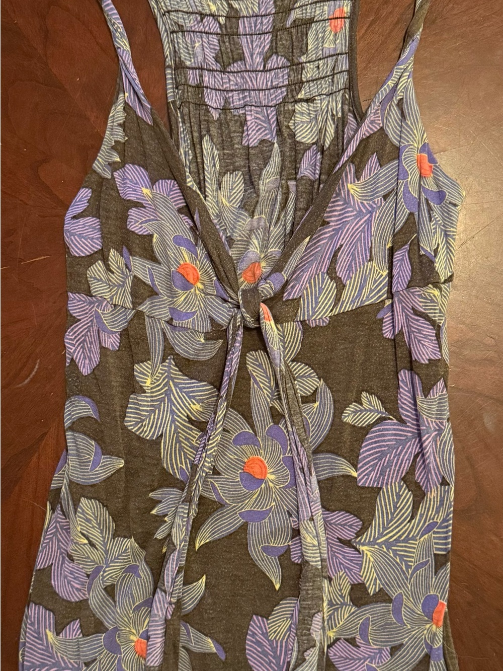 Free People Brown Floral Tie-Front Tank Top with Purple Accents